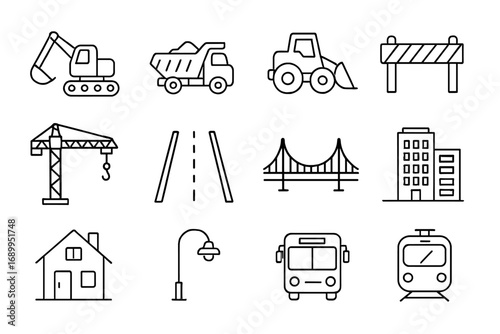Infrastructure line icon set. Construction, transport, and urban development icons. Vector cartoon symbols for city building, engineering, and public transportation services.