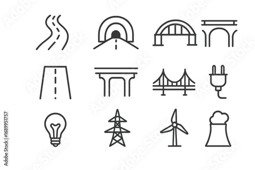 Infrastructure and energy production line icon set. Vector collection of roads, bridges, and power symbols. Transport, electricity, and engineering linear icons collection.