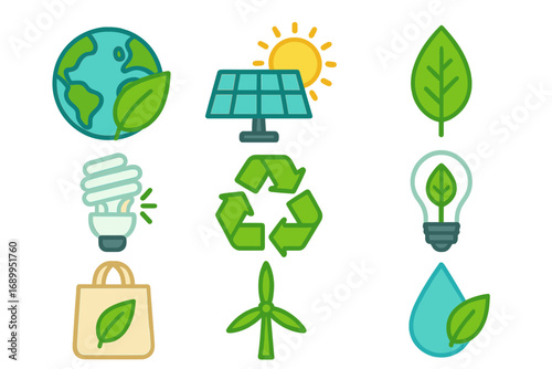 Eco icon set for environmental sustainability. Green energy and ecology concepts. Vector illustration of recycling, solar power, wind turbine, planet earth, and conservation.