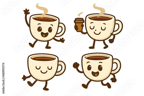 Set of cute coffee cup characters. Kawaii cartoon mascots with smiling faces. Happy emoji for cafe menu. Morning espresso, latte beverage illustration. Vector icon collection.