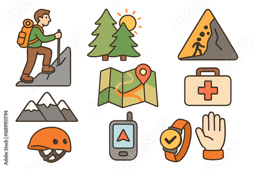 Outdoor activity and mountain safety icon set. Hiking, climbing, and trekking symbols. Concepts for adventure, travel, navigation, and emergency preparedness vector illustrations.