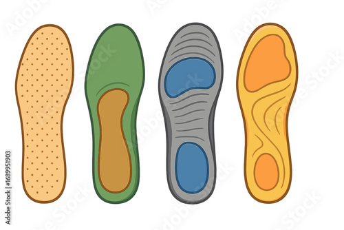 Collection of shoe insoles. Orthopedic foot support, gel insert for comfort and shock absorption. Arch support for flat feet. Foot care equipment. Vector illustration.