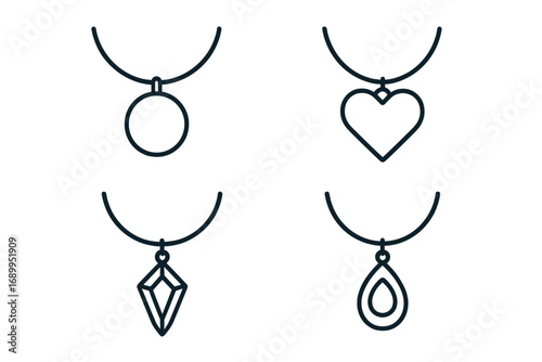 Jewelry necklace pendant line icon set. Stylish accessories outline collection. Vector design with heart, diamond, gem and teardrop shapes. Simple elegant luxury fashion symbols.