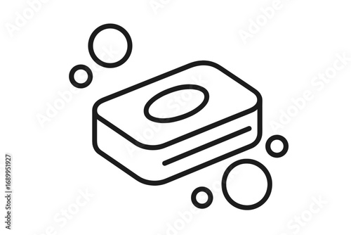 Soap bar outline icon with bubbles. Vector linear symbol. Hygiene, clean, wash concept. Sanitation and personal care. Bathroom element. Disinfection. Skin care product.