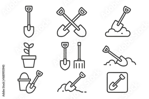 Shovel line icon set. Gardening and construction tools. Spade, dig, soil, plant symbols. Outline vector pictogram collection for web, app, UI, UX. Isolated illustration.