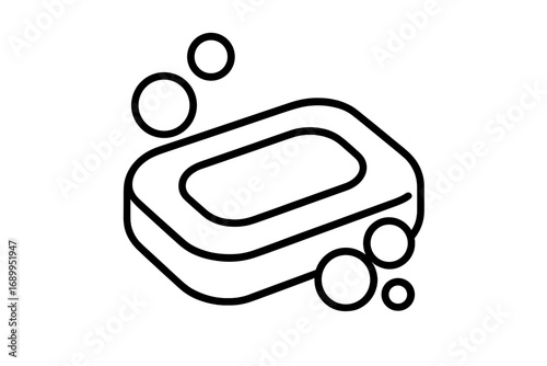 Soap bar with bubbles outline icon. Hygiene and cleaning concept. Linear symbol for sanitation, personal care, washing hands, health, cleanliness. Minimal vector pictogram for web.