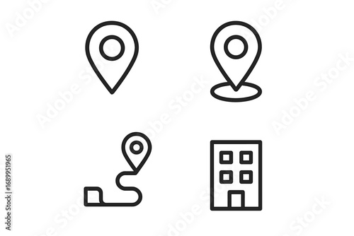 Vector location icon set. Outline map pin marker, GPS navigation route, and office building symbols. Simple linear pictogram collection for web, ui, ux and mobile app design.