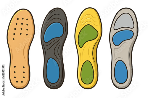 Vector set of shoe insoles. Different styles for comfort and support. Orthopedic inserts for foot care and arch support. Orthotics collection with gel pads. Cartoon illustration.