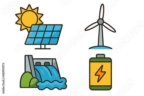 Renewable energy source icons. Solar panel, wind turbine, hydropower dam, and battery storage technology. Green, sustainable, and alternative power. Vector cartoon set.