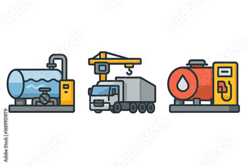 Industrial systems icons for water treatment, transport, and fuel. Vector set with water tank, crane truck, and gas station pump. Flat cartoon concept for infrastructure.