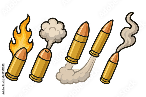 Collection of cartoon bullets with various effects. Set of vector ammo icons with fire, smoke, and flying motion trails. Ammunition, firearm, and weapon concept illustration.
