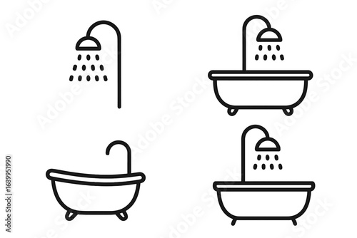 Bathroom line icon set. Shower head and bathtub vector symbols. Outline pictogram concept for hygiene, sanitary, plumbing. Simple graphic element for web, app, infographics.