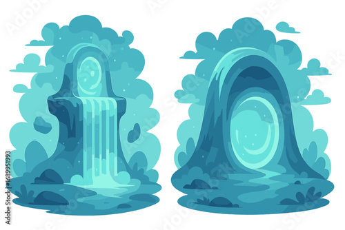 Vector set of mystical portals. Magical waterfall and fantasy gateway in a surreal landscape. Ethereal swirl and energy flow. Concept for adventure, another dimension, game asset.