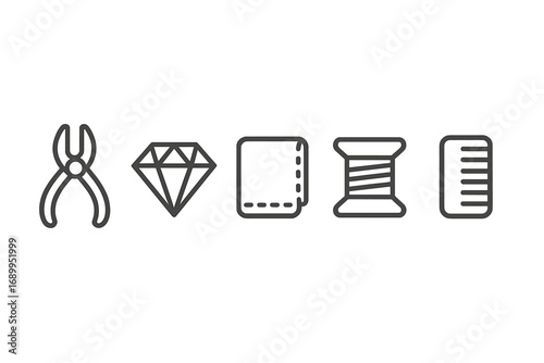 Crafting and sewing line icon set. Vector symbols for DIY projects, handmade goods, and jewelry making. Includes pliers, diamond, fabric, thread spool, and comb icons.