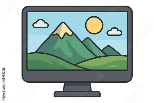 Vector cartoon of a computer monitor showing a digital landscape wallpaper. Desktop screen with mountains, sun, and clouds. Concept for technology, nature, travel, adventure, web.