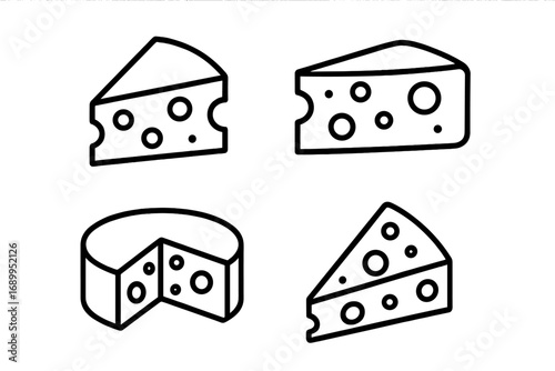 Cheese line icon set. Dairy food, gourmet product symbol collection. Swiss cheese slice, parmesan wheel, cheddar chunk vector illustration. Editable stroke pictogram for menu.