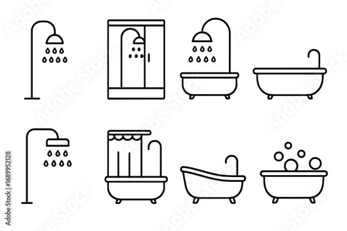 Shower and bathtub line icon set. Bathroom fixtures and furniture. Outline pictogram collection for web design, apps, and infographics. Vector symbols for hygiene, washing, and personal care.