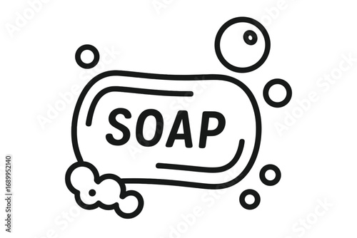 Soap bar with bubbles and foam vector outline icon. Hygiene and cleaning concept symbol. Body care, washing, and cleanliness cartoon illustration for web and graphic design.