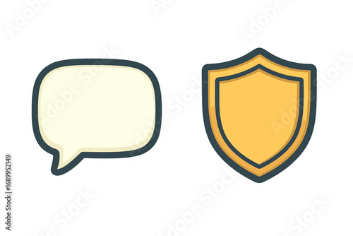 Speech bubble and shield isolated icons for interface design, social media posts, advertisements, security concept, protection symbol, communication, cartoon vector set with transparent background