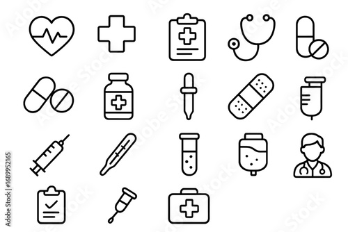 Medical healthcare outline icon set. Medicine treatment symbol collection. Vector line icons for hospital, clinic, pharmacy. Doctor, first aid, cardiogram, stethoscope, pill.