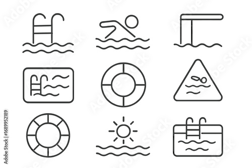 Swimming pool line icon set. Summer water sport and vacation symbols. Swimmer, lifebuoy, diving board, and poolside elements. Minimal outline vector pictogram for web design.