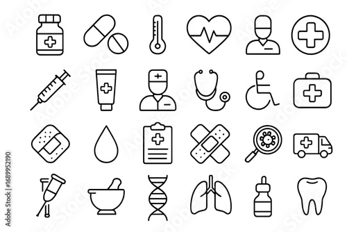 Medical and healthcare line icon set. Medicine and pharmacy symbols collection. Vector outline illustration for hospital, clinic, emergency. Doctor, nurse, pill, first aid kit.