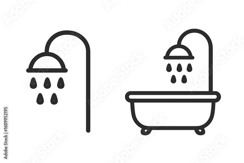 Shower and bathtub simple line icon set. Bathroom symbols for hygiene, washing, and personal care. Modern outline vector illustration for web and app design. Water pictogram.