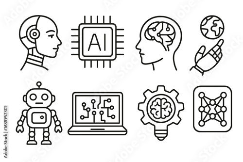 Artificial intelligence AI line icon set. Concepts of machine learning, robot, brain, deep learning, neural network, processor chip, algorithm. Automation technology vector.