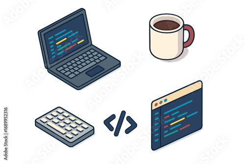 Coding icon set. Isometric vector concept for programming and software development. Web developer tools. Laptop with code, keyboard, coffee mug, IDE window. Computer science.