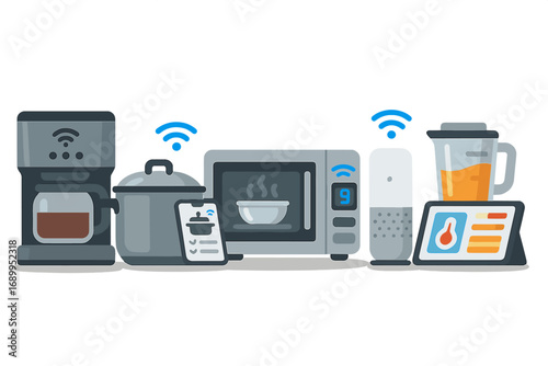 Smart kitchen appliances vector set. Internet of Things, home automation. Modern IoT technology for cooking. Connected devices with wifi. Coffee maker, microwave, pot, blender.