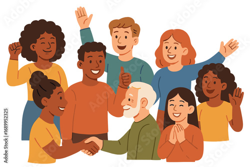 Diverse group of multicultural people in a community. Teamwork, collaboration and unity in society concept. Men and women characters shaking hands, waving. Vector cartoon set.
