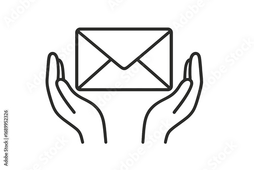 Hands holding a letter envelope. Line art icon representing mail, message, communication, and contact. Minimalist vector for business, email, web, apps, and postal service.