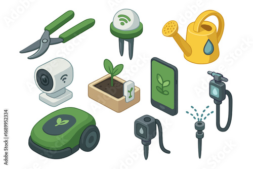 Smart garden isometric icon set. IoT gardening automation technology. Robotic lawn mower, automatic irrigation sprinkler, app control sensor. Vector cartoon agri-tech illustration.