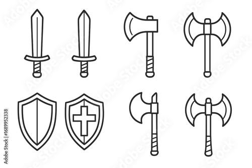 Medieval weapon line icon set. Swords, axes, shields collection. Fantasy knight, viking battle axe. Simple outline vector for game asset, RPG. Cartoon history clipart.