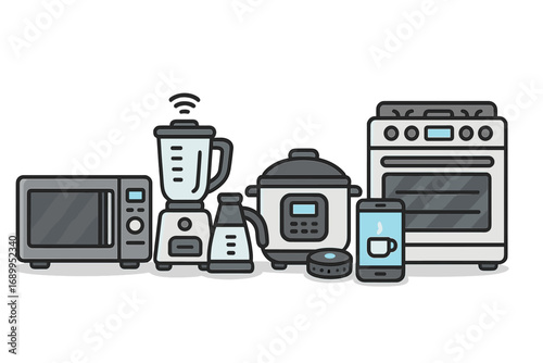 Smart home kitchen appliances vector icon set. Internet of Things cooking technology concept. Microwave, blender, multicooker, stove. Flat cartoon illustration for convenience.