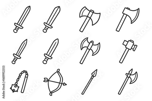 Medieval weapons line icon set. Vector cartoon outline collection of fantasy battle items. Sword, axe, bow, spear, hammer, flail icons for role-playing games or history.