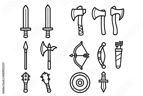 Medieval weapons line icon set. Vector outline collection of sword, axe, bow, arrow, shield, mace, and spear. Fantasy knight battle equipment for RPG games. History cartoon.