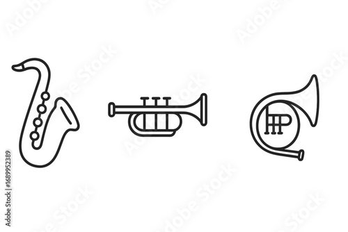 Brass instrument icon set. Saxophone, trumpet, and French horn line art. Vector graphic symbols for orchestra, jazz band, or concert. Music outline illustration collection.