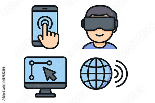 Technology icons for digital interaction, virtual reality, UI design. Vector set with smartphone, VR headset, computer graphics, global network. Metaverse and connectivity concepts.