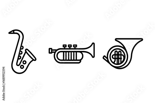Music instruments outline icon set. Saxophone, trumpet, French horn linear collection. Vector graphic. Brass wind instrument for orchestra, symphony or jazz band. Sound.