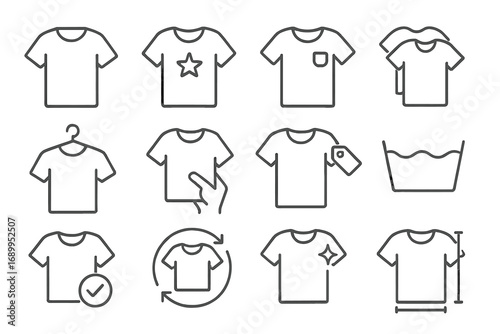 T-shirt and apparel line icon set. Vector symbols for clothing store, fashion, laundry, and textile care. Includes icons for size, washing, price tag, and selection. Editable stroke.