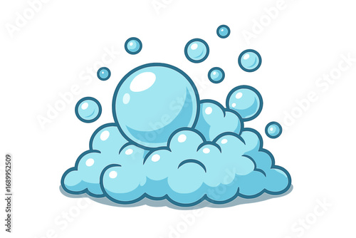 Cartoon soap foam and bubbles vector icon. Blue bubbly water suds illustration for cleaning or washing concept. Symbol of freshness, hygiene and laundry. Clean lather element.