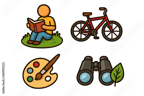 Set of hobby and outdoor activity icons. Person reading a book, bicycle for biking, art palette for painting, and binoculars for nature exploration. Leisure pastime vector symbols.