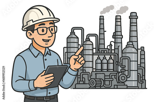 Industrial engineer assessing factory. Man with tablet pointing at plant. Cartoon character. Concept of manufacturing, technology, energy, oil, gas, refinery, inspection, power.