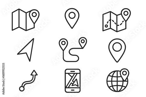 Navigation line icon set. GPS, map, location and direction symbols. Vector collection for route, destination, pin, pointer, journey, mobile app UI and global tracking concepts.