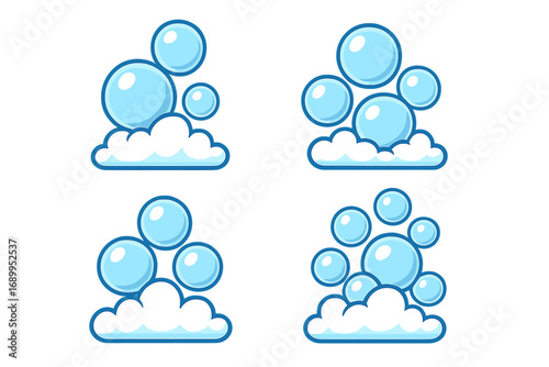 Soap bubbles vector illustration. Foam suds icon set. Cleaning concept for laundry, shampoo, bath. Fresh clean water graphic element. Blue cartoon symbol for washing apps.