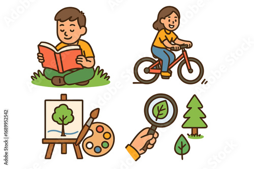 Outdoor activities and hobbies icon set. Vector cartoon illustration of people reading, biking, painting, and exploring nature. Leisure time and recreation concepts.