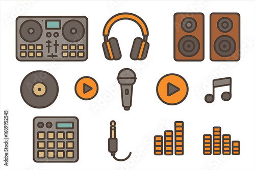 DJ music production icon set. Vector collection with turntable, headphones, speakers, microphone, vinyl, sampler, play button, and equalizer. Audio sound entertainment concept.