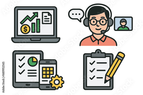 Business productivity icon set. Financial management, remote communication, customer support, task planning. Vector icons for data analysis, call center, modern workplace.