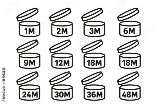 PAO period after opening vector icons. Expiration date signs set. Cosmetic open jar symbol. Product shelf life logo. Packaging safety label. 6m, 12m, 24m, 36m month stamp.